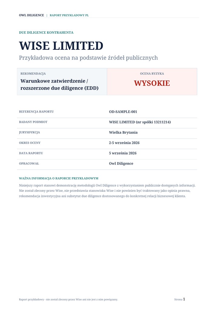 Owl Diligence — przykładowy raport due diligence WISE LIMITED — okładka